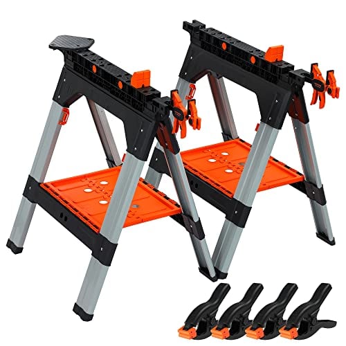 PONY 2-Pack Clamping Sawhorses, 1200 LBS Load Capacity, 30-3/4" Folding Sawhorse with 12 F Clamps, Bench Dogs, Angle Clamps, 2" Spring Clamps, Steel Legs, Heavy Duty for Woodworking