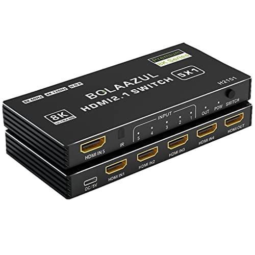 8K HDMI 2.1 Switch 120Hz 4K 5 in 1 Out, BolAAzuL 8K@60Hz HDMI 2.1 Splitter Switcher Selector Box 5-Port with Remote 4K 120Hz 2K 144Hz, HDMI 5x1 HDR, 48Gbps, CEC, Dolby Vision, for Xbox Series X PS5