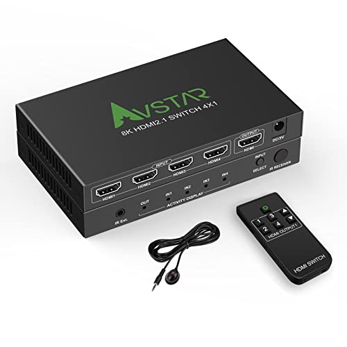 8K 60Hz HDMI 2.1 Switch 4x1 4K 120Hz 48Gbps,HDCP 2.3,ARC,VRR,CEC,HDMI Switcher 4 in 1 Out,4 Port HDMI Selector,IR Remote,3D,HDR 10,Dolby Atmos,for QLED TV,PS5,Xbox,Fire Stick,Roku,Blu Ray,Projector