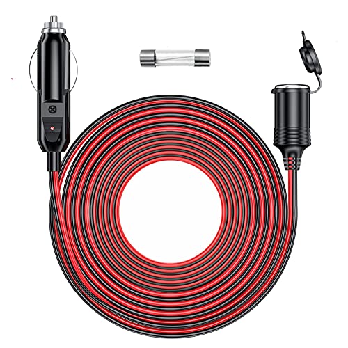 RWUJILONG 12V/24V 26FT Heavy Duty Cigarette Lighter Extension Cable 16AWG with LED (Built-in 15A Fuse & 1 * 15A Spare Fuse)