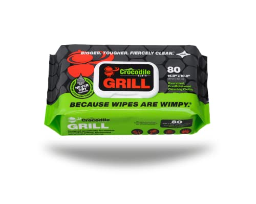 Crocodile Cloth Grill Cleaning Wipes - Grill Grate and BBQ Disposable Wipes - Cut Through Grease, Oil, Fat, and Dirt on Your Grill, Tools, Patio and More - 80 Giant Commercial Strength Wipes