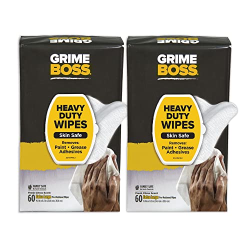 Grime Boss Heavy Duty Wipes (2 X 60Ct) Wet Wipes Used for Hands, Equipment, Tools, Garden, Automotive Easily Removes Oil, Grease, Paint and Dirt