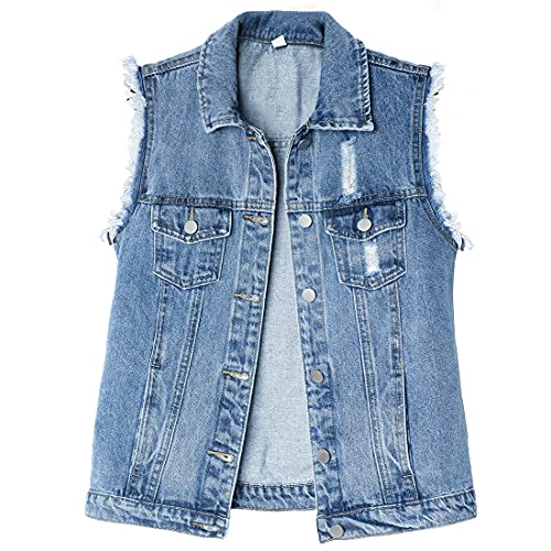 ebossy Women's Candy Color Slim Fit Sleeveless Distressed Denim Jean Vest Jacket (Small, Z-Blue)