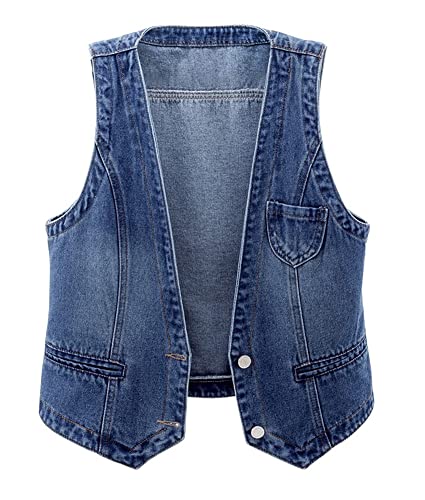 Cyparel Women's Retro Denim Vest Casual Button Up Jean Waistcoat Vest Sleeveless Jacket Tops with Pockets