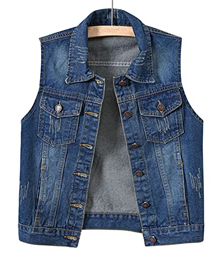 HALITOSS Women's Buttoned Washed Denim Jacket Sleeveless Crop Vest 6 Color (L, Denim Blue),Large