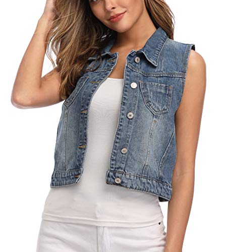 WUDODO Womens Denim Jean Vest Classic Cropped Distressed Spread Collar Sleeveless Jean Jacket