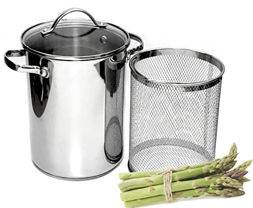 MAGGOPAN stainless steel asparagus pot 3 pcs set with wire basket 4.5QT Glass Lid Induction dishwasher safe 16x21cm