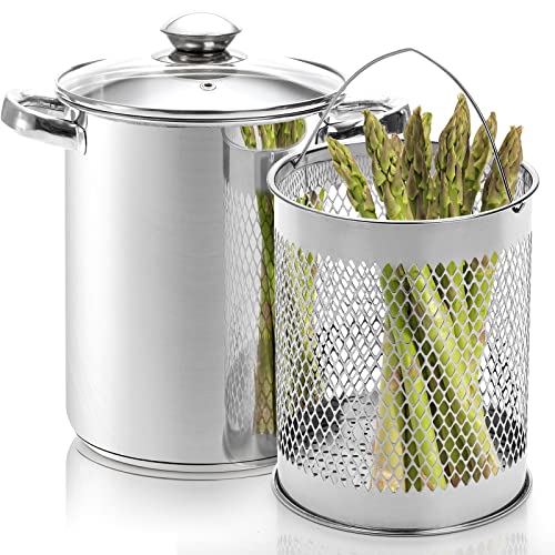 AVLA Asparagus Pot, 4 Quart Stainless Steel Steamer Cooker, Vegetable Asparagus Cooker with Removable Basket and Lid for Pasta, Spaghetti, BoiledEggs, Shrimp, Oil Deep Fry Pan for FrenchFries