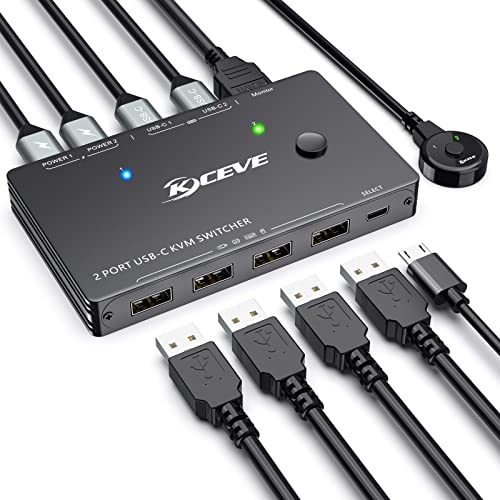 USB Type-C KVM Switch 4K@60Hz,2 in 1 Out Type-C KVM Switch for 2 Computers Share 1 HDMI Monitor and USB Devices-Power Delivery 100W,Type-C KVM with USB-C Cable,HDMI2.0 Cable and Wired Remote