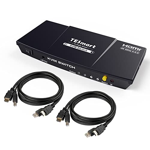 TESmart HDMI KVM Switch 2 Port 4K@60Hz, KVM Switch 1 Monitor 2 Computers EDID Emulators, USB 2.0, L/R Audio, Hotkey Switch, Button Switch with Remote Controller and All Cables