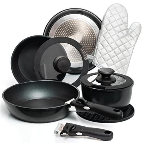 Moss & Stone Pots And Pans Set Nonstick, Removable Handle Cookware, Stackable Pots And Pans Set, Dishwasher safe, Induction Pots And Pans, Aluminum Camping Cookware Set. (10 Pcs Black Kitchen Set)