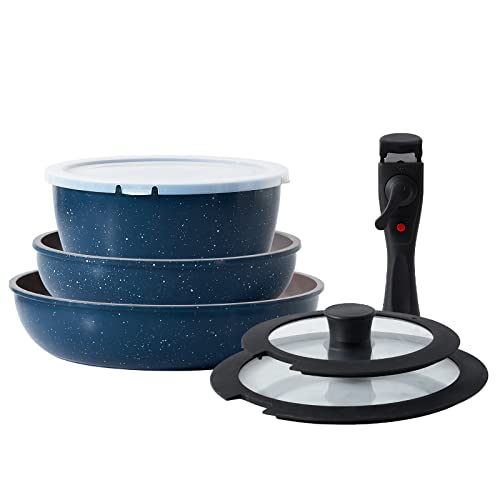 ROCKURWOK Pots and Pans Set, 7Pcs Ceramic Nonstick Cookware Set, Removable Handle, Suitble for Camping, RV, Inducton | Dishwasher & Ovens Safe | Without PFAS &PTFE, Blue