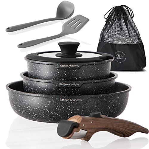 Kitchen Academy Induction Cookware Sets - 8 Piece Non-stick Pots and Pans Set Detachable Handle,Black Granite Cooking Pans Set with Removable Handle,Stackable RV Cookware for Camp