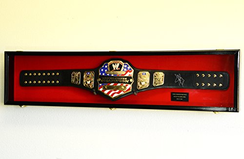 sfDisplay.com,LLC. WWE WWF Wrestling Championship Adult Size Belt Display CASE Frame Cabinet Box 64" (Black Wood Finish, Black Background)