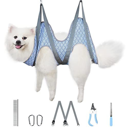 Ginkko Pet Dog Grooming Hammock Harness for Cats & Dogs, Dog Sling for Grooming, Dog Hammock Restraint Bag with Nail Clippers/Trimmer, Nail File, Pet Comb,Ear/Eye Care-M