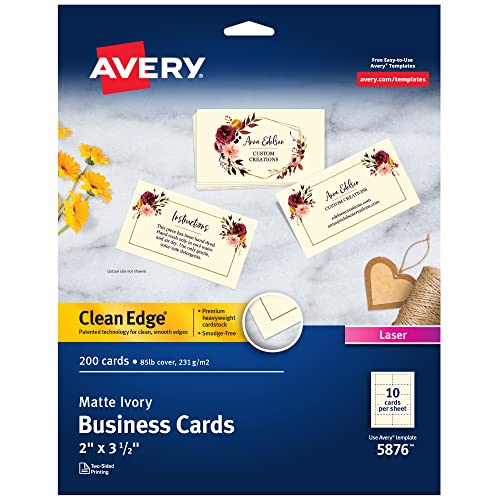 Avery Clean Edge Printable Business Cards with Sure Feed Technology, 2" x 3.5", Ivory, 200 Blank Cards for Laser Printers (5876)