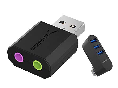 SABRENT USB External Stereo Sound Adapter for Windows and Mac. + Premium 3-Port Aluminum Mini USB 3.0 Hub