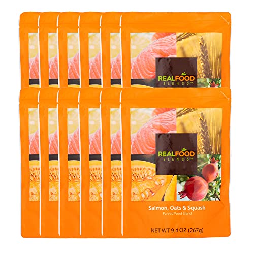 Real Food Blends Salmon, Oats & Squash - Pureed Food Meal for Feeding Tubes, 9.4 oz Pouch (Pack of 12 Pouches)