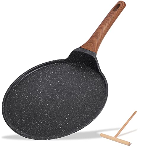 ESLITE LIFE Nonstick Crepe Pan with Spreader, 11 Inch Granite Coating Flat Skillet Tawa Dosa Tortilla Pan, Compatible with All Stovetops (Gas, Electric & Induction), PFOA Free