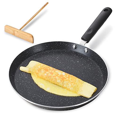 Buecmue 10.5 Inch Nonstick Crepe Pan with Spreader,Tortilla Tawa Dosa Pan, Granite Coating Skillet for Roti Egg Omelet Flat Pancake Frying Pan, Induction Compatible PFOA & PTFEs Free Black