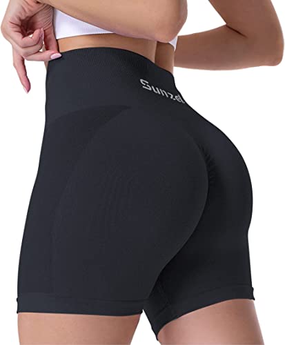 Sunzel Butt Scrunch Workout Shorts, Womens 5 Inch Seamless Butt Lifting High Waist Biker Shorts Stretch Spandex Booty Short Pockets for Gym Yoga Running Biking Cycling Black Grey