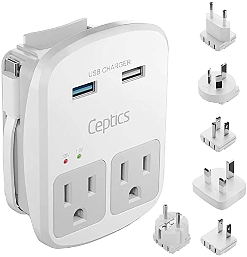 Ceptics World Travel Adapter Kit - QC 3.0 2 USB + 2 US Outlets, Surge Protection, Plugs for Europe, UK, China, Australia, Japan - Perfect for Laptop, Cell Phones, Cameras - Safe ETL Tested