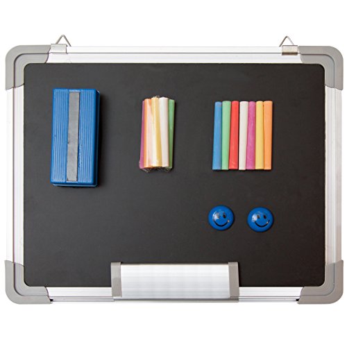 Chalkboard Set - Small Black Board 15 x 12" + 1 Magnetic Chalk Eraser, 14 Chalk Sticks (7 Colors) and 2 Magnets - Mini Hanging Wall Message Sign Blackboard for Home Office Kids (15x12" Landscape)