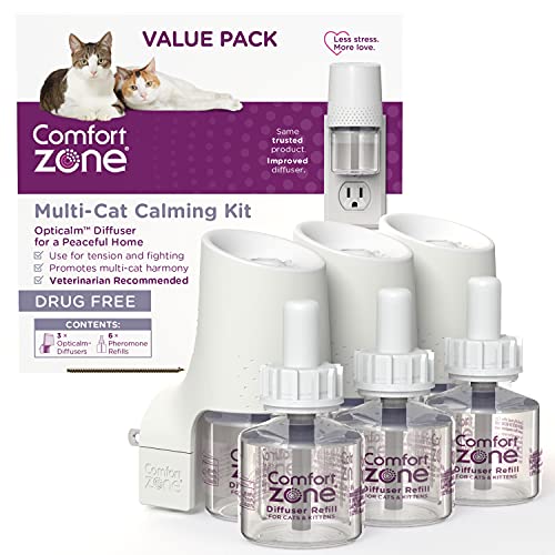 Comfort Zone Multi Cat Calming Diffuser Value Kit: 3 Diffusers & 6 Refills; Pheromones to Reduce Cat Fighting, Spraying & Scratching