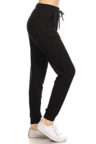 Leggings Depot Womens Relaxed fit Jogger Pants - Track Cuff Sweatpants with Pockets, Black-Large