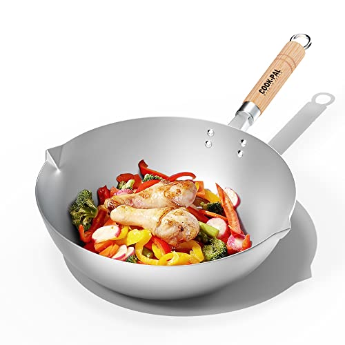 LEPAYU Pure Titanium Skillet,13 Inch 99.7% Titanium Frying Wok Uncoated Non Stick Skillet Pan with Anti-scald Wood Handle for Kitchen Home Restaurant