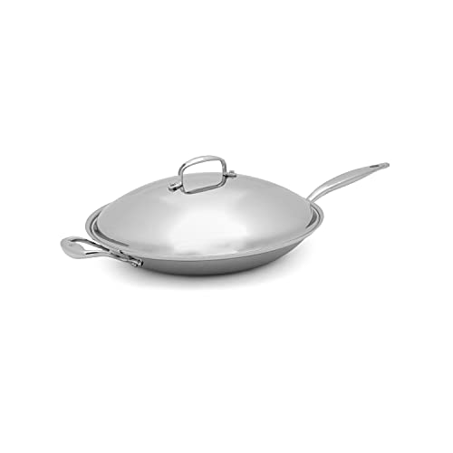 Heritage Steel 13.5" Shallow Wok with Lid - Titanium Strengthened 316Ti Stainless Steel with 5-Ply Construction - Induction-Ready and Fully Clad, Made in USA