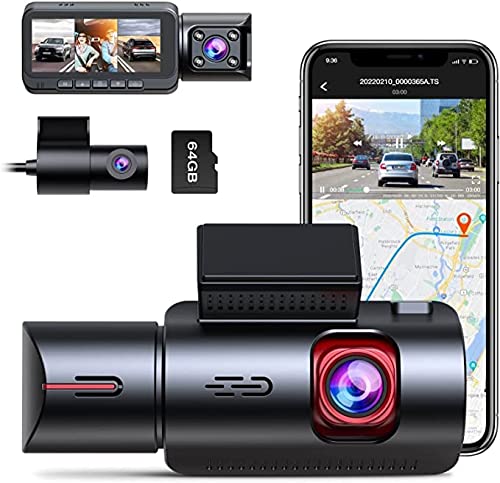 WiFi Dash Cam with 64GB U3 SD Card 4K Car Camera GPS Speed 3 Channel Dash Camera Front and Rear Inside 2K+1080P+2K IR Night Vision,170 Wide Angle,WDR Type-C Port,Emergency Lock, Parking Monitor