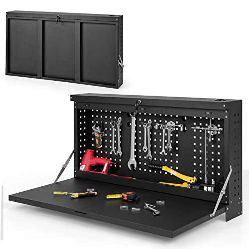 Goplus Wall-Mounted Folding Workbench, Work Bench for Garage with Pegboard Tool Organizer & 43.5 x 20.5 Tabletop, Lockable with Keys, Heavy Duty Steel Work Table Tool Bench for Warehouse, Work Shop