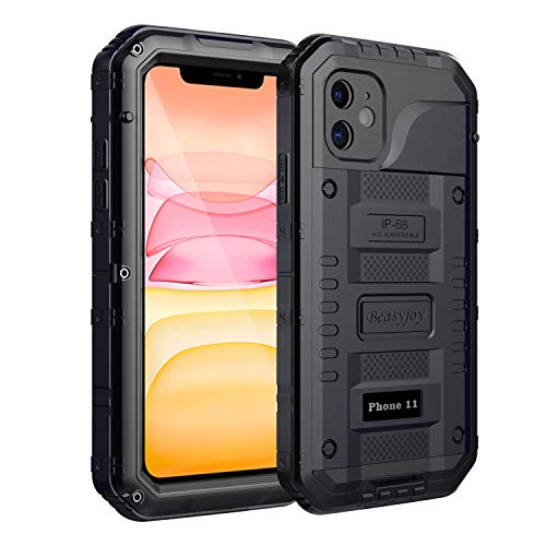 Beasyjoy iPhone 11 Case Waterproof Metal Case Heavy Duty Built-in Screen Full Body Protective Shockproof Dustproof Military Grade Rugged Defender Case Outdoor Case (Black)