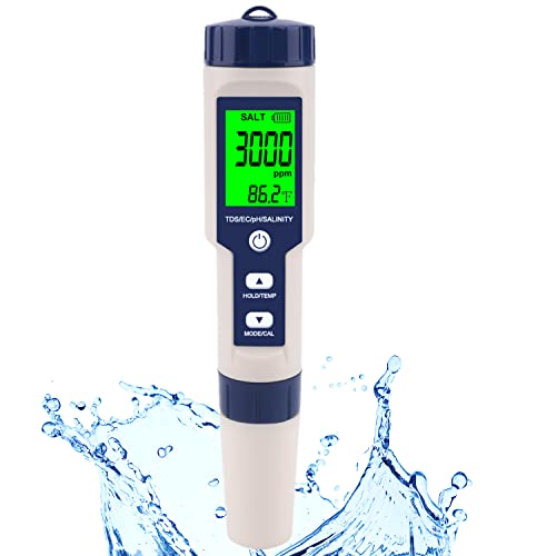 Pool Salt Tester & PH Meter, Hofun Digital Salinity Meter and PH Tester for Pool Saltwater and Drinking Water, 5 in 1 Salinity PH Temp EC and TDS Meter Swimming Pool Hot Tub Spas, High Accuracy