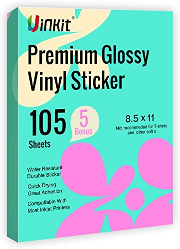 Uinkit 105 Sheets Premium Printable Vinyl Sticker Paper for Inkjet Printer Cricut,included 100Sheets Glossy and 5Sheets Transparent Label Waterproof Adhesive Dries Quickly Tear-Resistant, Removable