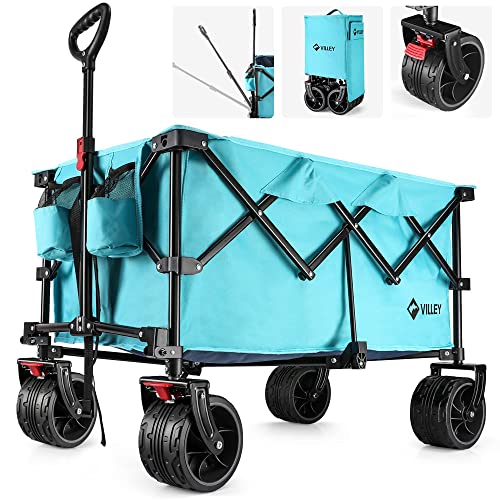 VILLEY Collapsible Folding Wagon with Big Wheels, All Terrain Beach Wagon Cart Heavy Duty Foldable for Sand, Enlarged 225lbs Capacity, Portable Utility Garden Cart with 2 Cup Holders and Brake, Blue