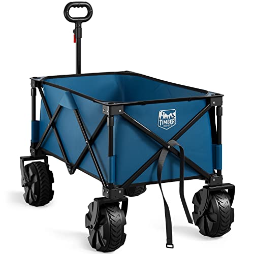 TIMBER RIDGE Outdoor Collapsible Wagon Utility Folding Cart Heavy Duty All Terrain Wheels for Shopping Camping Garden with Side Bag and Cup Holders, Blue