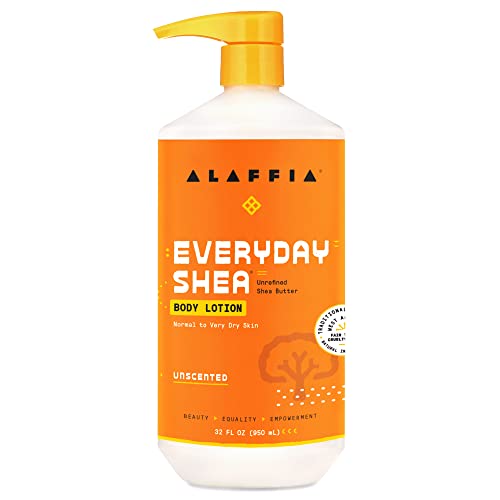 Alaffia EveryDay Shea Body Lotion - Normal to Very Dry Skin, Moisturizing Support for Hydrated, Soft, and Supple Skin with Shea Butter and Lemongrass, Fair Trade, Unscented, 32 Fl Oz