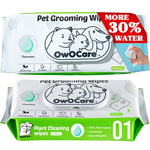 OWOCARE Dog Wipes for Paws and Butt,Pet Wipes for Dogs Hypoallergenic Plant-Based,Dog Cleaning Grooming Wipes,Large Size Dog Wet Bath Wipes,Gentle,Degradable,More Water(100 Count,Unscented)