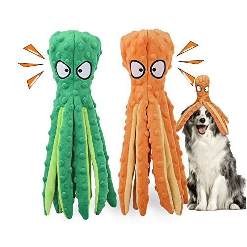 HGB Squeaky Dog Toys, Octopus No Stuffing Crinkle Plush Dog Chew Toys for Puppy Teething, Pet Training and Entertaining, Durable Interactive Dog Toys for Puppies, Small, Medium, and Large Dogs, 2 Pack