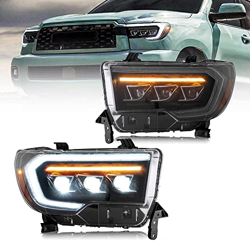 VLAND Projector Led Headlights Compatible with Toyota Tundra 2007-2013/ Sequoia 2008-2021 w/Sequential Turn Signal, DRL w/Dynamic Animation Black Trim Panels