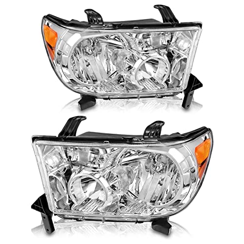 AS Headlight Assembly Compatible 2007 2008 2009 2010 2011 2012 2013 Toyota Tundra /2008-2017 Toyota Sequoia Chrome Housing Pair Not Suitable for Vehicle with ElectricHeadlamp Adjustment Function