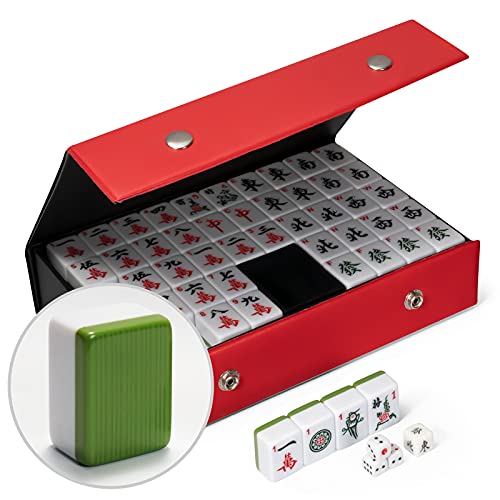 DONGZENG Mahjong Set Chinese Mahjong Set MahJongg Tile Set with Red Case Mahjong Game Sets Large 30mm 144 Tiles 1.18" Acrylic Tiles (Mah Jong, Mah-Jong, Majiang) Random Chips Style [] (Green)