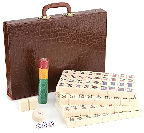 Mose Cafolo Chinese Mahjong Game Set 1.5" X-Large 144 Numbered White Ivory Color Melamine Tiles with Carrying Travel Case,Complete Mahjongg Majiang,Mah Jong, Mah-Jong Game Set