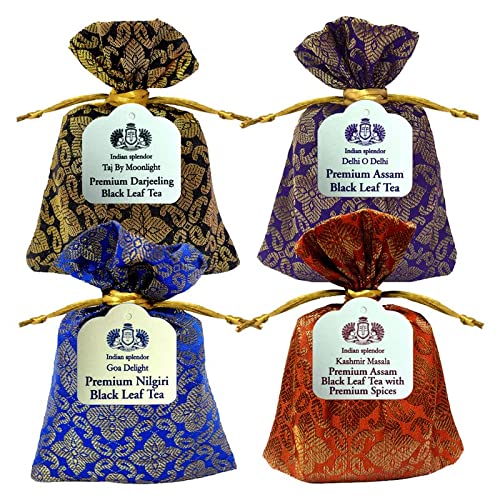 INDIAN SPLENDOR Premium Teas Combo - Selection of 4 High Grade Teas with Distinct Flavors - Darjeeling (1.76oz) + Assam (1.76oz) + Nilgiri (1.76oz) + Assam Masala Chai (1.76oz) = 7.04oz (100 Cups)