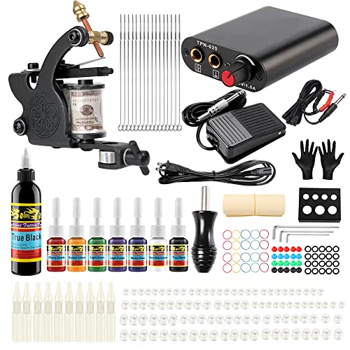 Solong Tattoo Complete Starter Tattoo kit 1 Pro Machine Guns 14 Inks Power Supply Foot Pedal Needles Grips Tips TK110