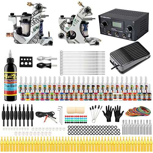 Solong Tattoo Complete Tattoo Kit 2 Pro Machine Guns 54 Inks Power Supply Foot Pedal Needles Grips Tips TK271