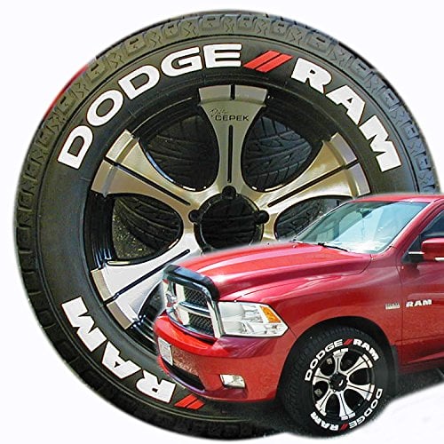 Tire Stickers Dodge RAM Truck Tire Lettering Accessory Kit - Easy DIY Permanent Glue On Rubber with 2oz Touch-Up Cleaner / 18-21 Inch Wheels / 1.50 Inches/White/Red / 8 Pack