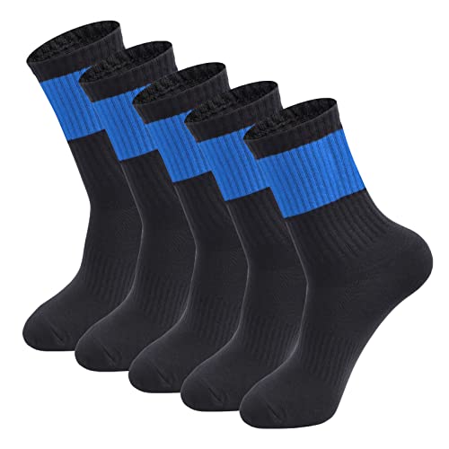 Men's Boy's 5 Pairs Anti Odor Stink Resist Breathable Crew Mid Calf Casual Workout Socks,Black with Blue, Size 7-12